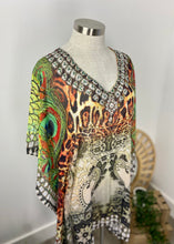 Load image into Gallery viewer, Brand:  Bilgola Circa: 2015 Style: short kaftan Lined: no Preloved: yes Colour: multi Fabric: 100% Poly Georgette Hand wash only Size M (Aus) Length 90cms