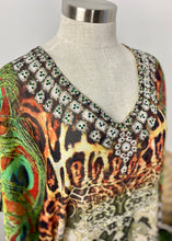 Load image into Gallery viewer, Brand:  Bilgola Circa: 2015 Style: short kaftan Lined: no Preloved: yes Colour: multi Fabric: 100% Poly Georgette Hand wash only Size M (Aus) Length 90cms