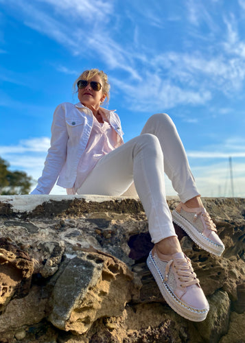 Shani Crystal Leather sneakers - stunning women's casual sneakers from Ameise.  In a soft Rose colour, the all leather upper is studded with crystals along the side and trimmed with a silver band. 
