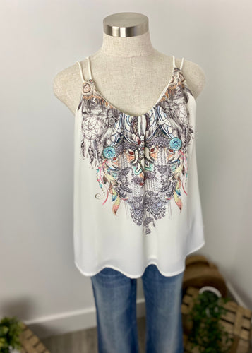 Brand: Harper & Me Circa: 2017? Style: relaxed fit, Preloved: yes lined: yes Colour: white, detailed dream catcher pattern Fabric: 100% Polyester Size 8