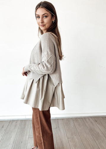 The Winnie Knit Shirt by Bagira is a stylish knitted jumper with a combined shirt layer for a unique layered look.  In a gorgeous soft Latte colour, the beautiful cable knit is finished with a very pretty scalloped edge, and pattern detail down the arms.  The cotton under shirt is oversized and gathered, creating a very luxurious Boho style top that pairs well with jeans, trousers or leggings.   