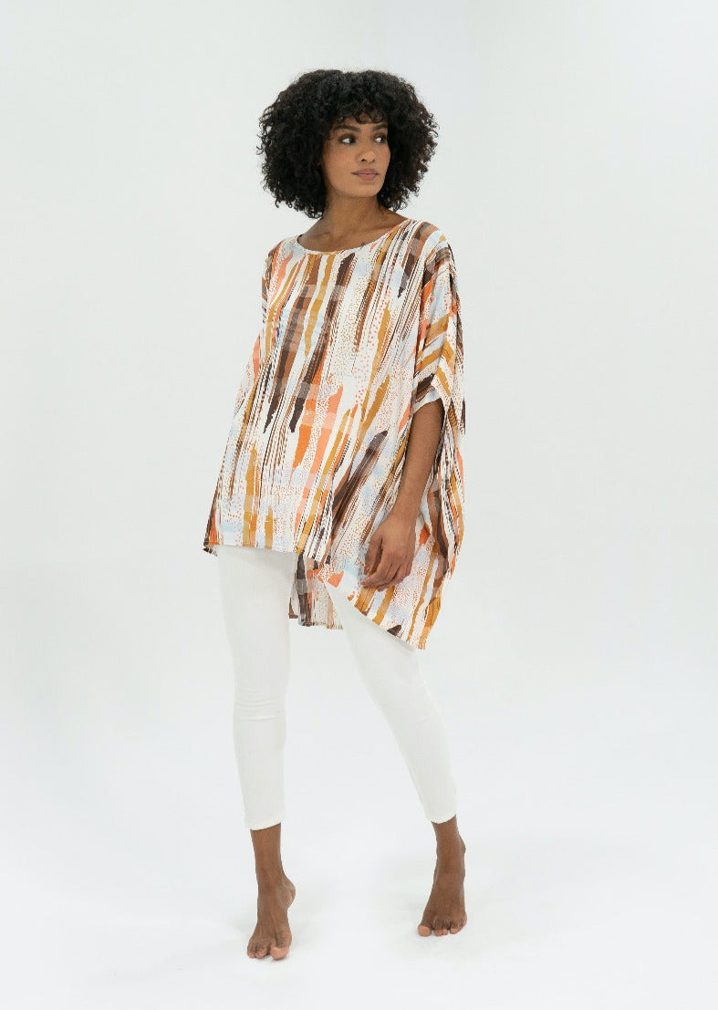 The Basic Top by Caro The Label, is another best seller.   In a gorgeous print of earthy tones that represent the colours of outback Australia.  Crafted from soft 100% Rayon fabric is lightweight and cool, slightly longer at the back and loose flowing, perfect with jeans or leggings, even shorts.  3/4 length wide sleeves create a relaxed but flattering shape that can be dressed up or down, for the beach or the bar!