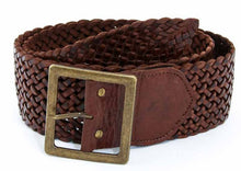 Load image into Gallery viewer, The Marrakesh Wide T Bar Classic Buckle Belt is a 7cm wide woven from rich chocolate leather.  The buckle is a simple square T buckle crafted from Brass . Wear over your favorite maxi dress or linen outfit.  Can be worn at the waist or on the hips. 
