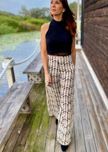 Load image into Gallery viewer, Made for effortless elegance, these Rayon Mar tailored wide leg trousers in trousers in an abstract graphic design of black/off white, will take you effortlessly from desk to dinner !  Lightweight with an elegant high waist, these pants feature 2 front pockets and a flattering tailored fit.  The high waist lengthens the silhouette and the lightweight fabric is both comfortable and cool and floats elegantly with every move.
