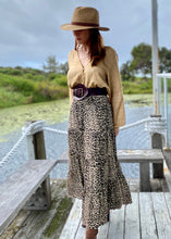 Load image into Gallery viewer, The Kitty Skirt in a gorgeous leopard print, will be a seasonal favourite in your robe.  The long flowing tiered skirt is relaxed with a sheared waist with drawstring and the Rayon fabric is lightweight and cool, a very versatile addition to your robe can be worn as a dress! 
