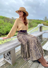 Load image into Gallery viewer, The Kitty Skirt in a gorgeous leopard print, will be a seasonal favourite in your robe.  The long flowing tiered skirt is relaxed with a sheared waist with drawstring and the Rayon fabric is lightweight and cool, perfect no matter where you wear it, day or night.  
