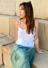 Load image into Gallery viewer, Fashion loves a little romance!  Discover your love for Italian made fashion with the Primadonna Feather Singlet by Jenny Jazz!   This soft raw cut silk is tiered on the front, with a delicate sequin neckline to add a touch of feminine glamour to any outfit. 
