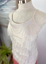 Load image into Gallery viewer, Fashion loves a little romance!  Discover your love for Italian made fashion with the Primadonna Feather Singlet by Jenny Jazz!   This soft raw cut silk is tiered on the front, with a delicate sequin neckline to add a touch of feminine glamour to any outfit. 
