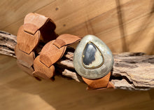 Load image into Gallery viewer, The Meknes Leather Disc Belt is a luxuriously thick belt that gets beautifully soft and supple with age.   In a natural leather colour and natural bone, so colours may vary.  Belt length 107cm end to end.  Discs may be cut off for a shorter length. 
