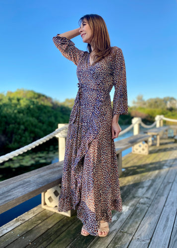 The Leopard Wrap Dress, this classic wrap dress style separates the bust, reduces the hips and waist, and the ankle length skirt flatters the figure.  Perfect for those of us with more curves, and for those looking to create a more hour-glass figure.