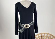 Load image into Gallery viewer,  The beautiful Marrakesh Wide Leather Belt is a 6cm wide woven leather belt with an oval bone inlay set in an engraved metal buckle.   A real show stopper, looks sensational with any outfit.
