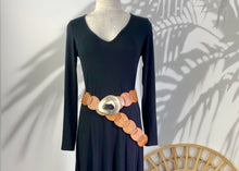 Load image into Gallery viewer, The Meknes Leather Disc Belt is a luxuriously thick belt that gets beautifully soft and supple with age.   In a natural tan leather colour and natural bone, so please note that colours may vary.  Belt length is 107cm end to end.  The leather discs may be cut off for a shorter length. 
