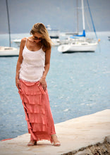 Load image into Gallery viewer, This layered and ever so delicate skirt is made from the finest quality Italian silk/viscose and cotton.   The ankle length tiered skirt lengthens the silhouette and flatters our shape and the soft jersey waistband ensures total comfort.  The delicate silk layers float as you move. 

