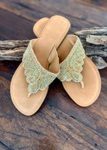 Load image into Gallery viewer, Our gold beaded all leather slide in a classic shape with contemporary detailing. These gorgeous slides can be worn day or night to add a little distinction to any ensemble.
