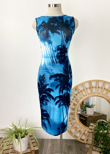 Brand: RU MU Circa: 2000 Style: Bodycon midi Dress Preloved: yes Colour: Blue/black Fabric: Poylester/Spandex gentle machine wash Size 2 (Aus) S/M Length shoulders to hem: 105cms