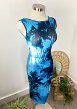 Load image into Gallery viewer, Brand: RU MU Circa: 2000 Style: Bodycon midi Dress Preloved: yes Colour: Blue/black Fabric: Poylester/Spandex gentle machine wash Size 2 (Aus) S/M Length shoulders to hem: 105cms
