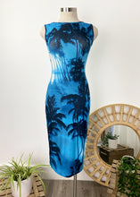 Load image into Gallery viewer, Brand: RU MU Circa: 2000 Style: Bodycon midi Dress Preloved: yes Colour: Blue/black Fabric: Poylester/Spandex gentle machine wash Size 2 (Aus) S/M Length shoulders to hem: 105cms
