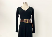 Load image into Gallery viewer, The Marrakesh Wide T Bar Classic Buckle Belt is a 7cm wide woven from rich chocolate leather.  The buckle is a simple square T buckle crafted from Brass . Wear over your favorite maxi dress or linen outfit.  Can be worn at the waist or on the hips. 
