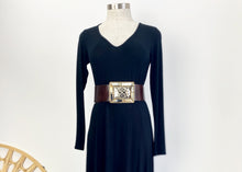 Load image into Gallery viewer, The Aziza Wide Bone Filigree Buckle Belt makes quite a statement.  In a 7cm wide  rich chocolate leather, the buckle is a stunning luxury bohemian piece, crafted from bone and detailed filigree cut metal work to create a truly unique design that will be the focus of your outfit.
