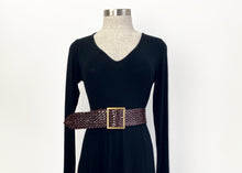 Load image into Gallery viewer, The Marrakesh Wide T Bar Classic Buckle Belt is a 7cm wide woven from rich chocolate leather.  The buckle is a simple square T buckle crafted from Brass . Wear over your favorite maxi dress or linen outfit.  Can be worn at the waist or on the hips. 
