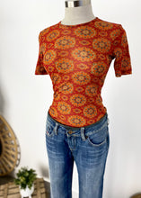 Load image into Gallery viewer, Brand: Kookai Circa: 1999? Style: fitted, slim T shirt Preloved: yes Colour: Burnt orange pattern Fabric: 100% Polyamide Nylon hand wash only Size 10 UK
