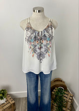 Load image into Gallery viewer, Brand: Harper &amp; Me Circa: 2017? Style: relaxed fit, Preloved: yes lined: yes Colour: white, detailed dream catcher pattern Fabric: 100% Polyester Size 8
