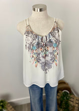 Load image into Gallery viewer, Brand: Harper &amp; Me Circa: 2017? Style: relaxed fit, Preloved: yes lined: yes Colour: white, detailed dream catcher pattern Fabric: 100% Polyester Size 8
