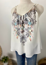 Load image into Gallery viewer, Brand: Harper &amp; Me Circa: 2017? Style: relaxed fit, Preloved: yes lined: yes Colour: white, detailed dream catcher pattern Fabric: 100% Polyester Size 8

