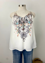 Load image into Gallery viewer, Brand: Harper &amp; Me Circa: 2017? Style: relaxed fit, Preloved: yes lined: yes Colour: white, detailed dream catcher pattern Fabric: 100% Polyester Size 8
