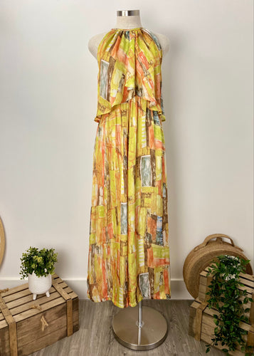       Brand:  Elliatt     Circa: 2011/2012     Style: flowing wide leg halter neck jumpsuit     Lined: no     Preloved: yes     Colour: yelllow     Fabric: Polyester     Hand wash only     Size 10 (Aus)     Length  143cms  All items are clean, but if you require a dry-clean receipt, the cost will be in addition.