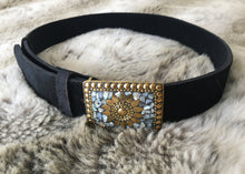 Load image into Gallery viewer, Real cow hide leather belts, in black with an ornate buckle with detailed Mother of Pearl inlay.   Can be worn loose or fitted
