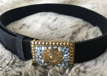 Load image into Gallery viewer, Real cow hide leather belts, in black with an ornate buckle with detailed Mother of Pearl inlay.   Can be worn loose or fitted

