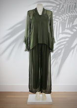 Load image into Gallery viewer, The Nadia silk blend top oozes relaxed sophistication. Made in Italy, this delicate silk blend top has a combined soft viscose singlet. It has a V neck and soft pleat down the front, and the sheer sleeves are finished with a delicate frill to create a very romantic feminine top 
