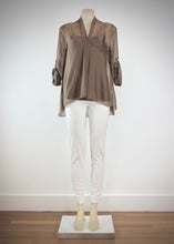 Load image into Gallery viewer, The chic and feminine April Short Top is made in Italian silk blend and comes in 4 rich colours, Latte, Charcoal, Forest and Bordeaux for women over 40. 
