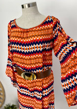 Load image into Gallery viewer, Brand: Bilgola Circa: 2015 Style: relaxed beach dress, with tie waist, split bell sleeves, knee length, beaded neckline Lined: no Preloved: yes Colour: multi/print - orange/navy Fabric: 100% Rayon Hand wash only Size S/M (Aus)
