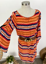 Load image into Gallery viewer, Brand: Bilgola Circa: 2015 Style: relaxed beach dress, with tie waist, split bell sleeves, knee length, beaded neckline Lined: no Preloved: yes Colour: multi/print - orange/navy Fabric: 100% Rayon Hand wash only Size S/M (Aus)
