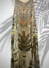 Load image into Gallery viewer, The Indian Silk strap dress is a Bohemian lux style silk dress. In an exotic animal and gemstone print, in rich earthy colours of rust, chocolate and steel, it is elegant boho lux.   Wear it on its own, or with a loose belt worn on the hips, and also looks fabulous with a T&#39;shirt
