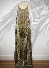 Load image into Gallery viewer, The Indian Silk strap dress is a Bohemian lux style silk dress. In an exotic animal and gemstone print, in rich earthy colours of rust, chocolate and steel, it is elegant boho lux.   Wear it on its own, or with a loose belt worn on the hips, and also looks fabulous with a T&#39;shirt

