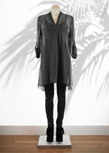 Load image into Gallery viewer, The April Long Top has been designed for relaxed sophistication and is every bit chic as it is gorgeously feminine. Made in Italy, this delicate and sheer silk blend top has a combined soft viscose camisole to keep you covered, and comes in 3 rich colours, Black, Charcoal, and Bordeaux.  It has a V neck and soft pleat down the front, and the sheer sleeves can be worn partly rolled up
