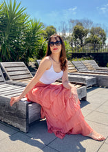 Load image into Gallery viewer, This layered and ever so delicate skirt is made from the finest quality Italian silk/viscose and cotton.   The ankle length tiered skirt lengthens the silhouette and flatters our shape and the soft jersey waistband ensures total comfort.  The delicate silk layers float as you move. 
