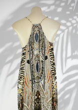 Load image into Gallery viewer, The Indian Silk strap dress is a Bohemian lux style silk dress. In an exotic animal and gemstone print, in rich earthy colours of rust, chocolate and steel, it is elegant boho lux.   Wear it on its own, or with a loose belt worn on the hips, and also looks fabulous with a T&#39;shirt
