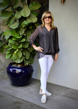 Load image into Gallery viewer, The chic and feminine April Short Top is made in Italian silk blend and comes in 4 rich colours, Latte, Charcoal, Forest and Bordeaux for women over 40. 
