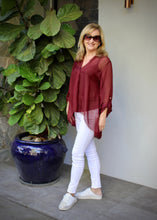 Load image into Gallery viewer, The chic and feminine April Short Top is made in Italian silk blend and comes in 4 rich colours, Latte, Charcoal, Forest and Bordeaux for women over 40. 
