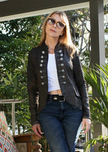 Load image into Gallery viewer, The Sargent Pepper Jacket -  our most popular jacket is back in a shorter style! and it packs just as much theatrical punch as its predecessor!  Made in Italy, from a gorgeous waxed cotton mix fabric in a rich Chocolate colour.  
