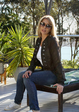 Load image into Gallery viewer, The Sargent Pepper Jacket -  our most popular jacket is back in a shorter style! and it packs just as much theatrical punch as its predecessor!  Made in Italy, from a gorgeous waxed cotton mix fabric in a rich Chocolate colour.  
