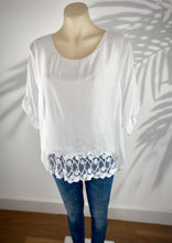Load image into Gallery viewer, Summer Lace Top made in Italy in luxurious 100% Italian silk/viscose with fitted cami underlay.  Loose fitting and light weight, layered with a fitted cami underneath with lace boarder, this top drapes with soft femininity
