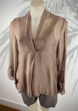 Load image into Gallery viewer, The Nadia silk blend top oozes relaxed sophistication. Made in Italy, this delicate silk blend top has a combined soft viscose singlet. It has a V neck and soft pleat down the front, and the sheer sleeves are finished with a delicate frill to create a very romantic feminine top 
