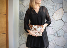 Load image into Gallery viewer, beautiful soft cowhide bag is the ideal everyday handbag. Made from genuine leather,  featuring cowhide on front panel, this roomy handbag has 2 large zipped main compartments, an open pocket compartment plus a secure external zipped pocket.  Internal compartment features 5 card pockets and an open phone pocket. 
