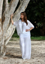 Load image into Gallery viewer, Keep it soft and feminine in these beautiful Italian made silk Primadonna Prima Pants in white on white Stripe.   The loose cut pants with a soft white on white stripe and wide jersey waistband, are fully lined and designed for relaxed style and comfort. 
