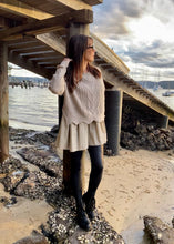 Load image into Gallery viewer, The Winnie Knit Shirt by Bagira is a stylish knitted jumper with a combined shirt layer for a unique layered look.  In a gorgeous soft Latte colour, the beautiful cable knit is finished with a very pretty scalloped edge, and pattern detail down the arms.  The cotton under shirt is oversized and gathered, creating a very luxurious Boho style top that pairs well with jeans, trousers or leggings.   
